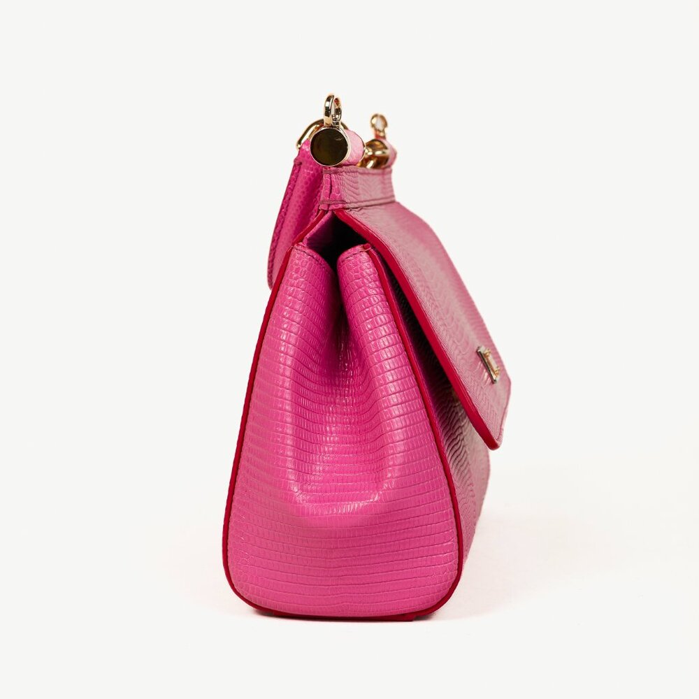 Dolce & Gabbana Miss Sicily Small Pink Iguana-Embossed Chain Satchel - Picture 3 of 14